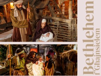 Bethlehem f’Għajnsielem actors performing in a live nativity scene. 
